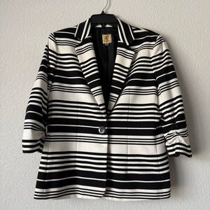Kasper Black and White Striped Notch-Lapel Blazer